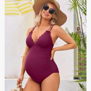 Purple One-Piece Swimsuit with V-Neckline and Lace Trim